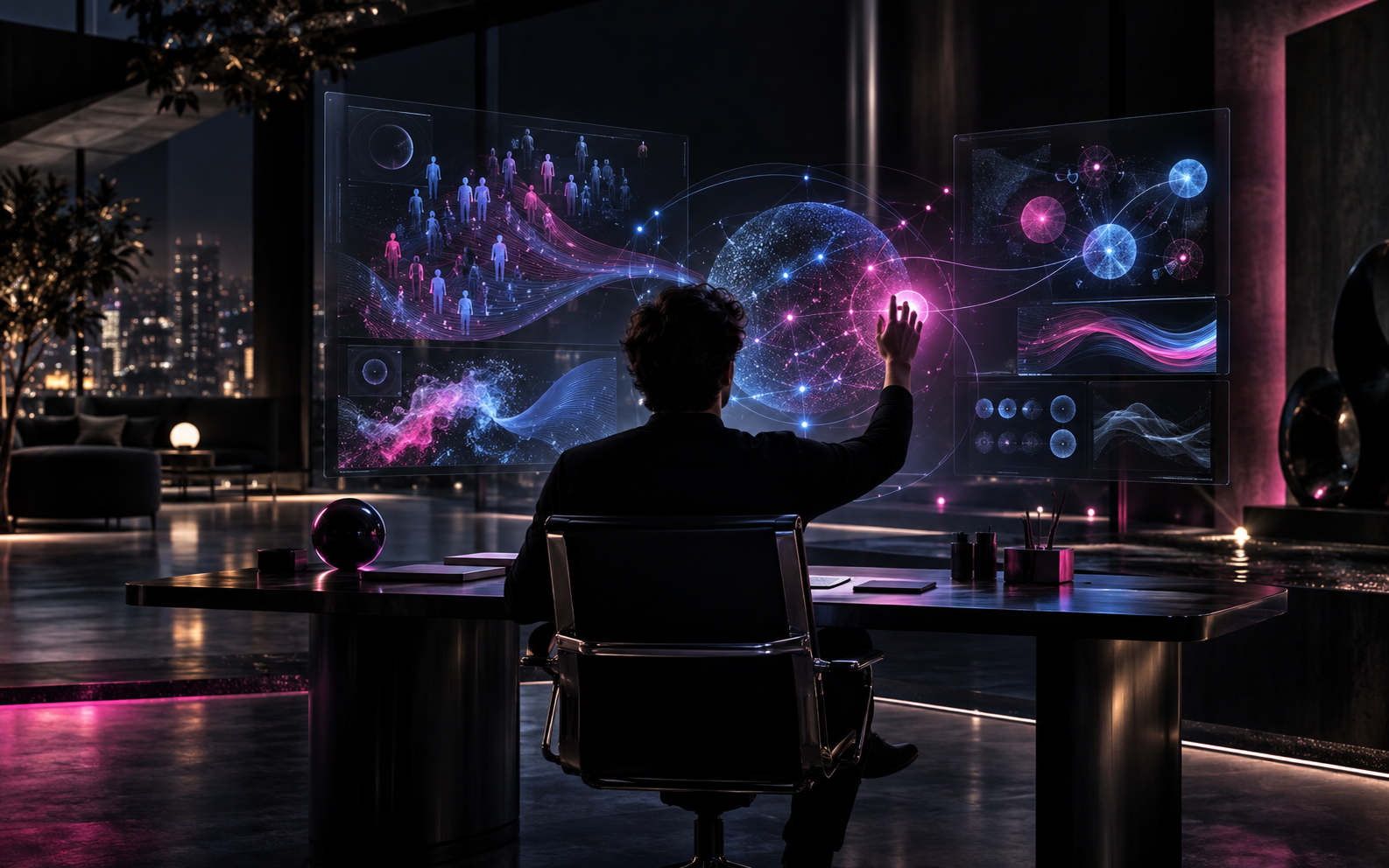 Estudio creativo futurista con visualización de datos y tecnología de marketing